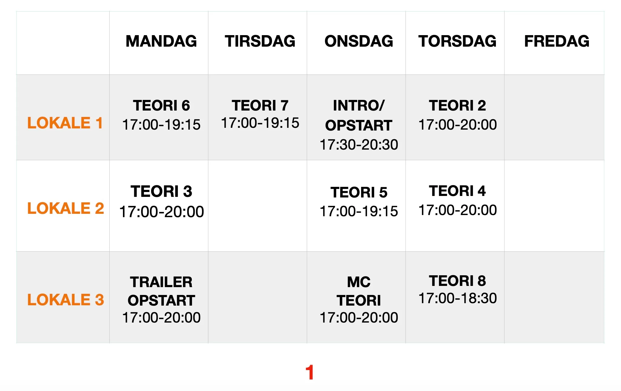 Skema for teori lektioner - Uge 1