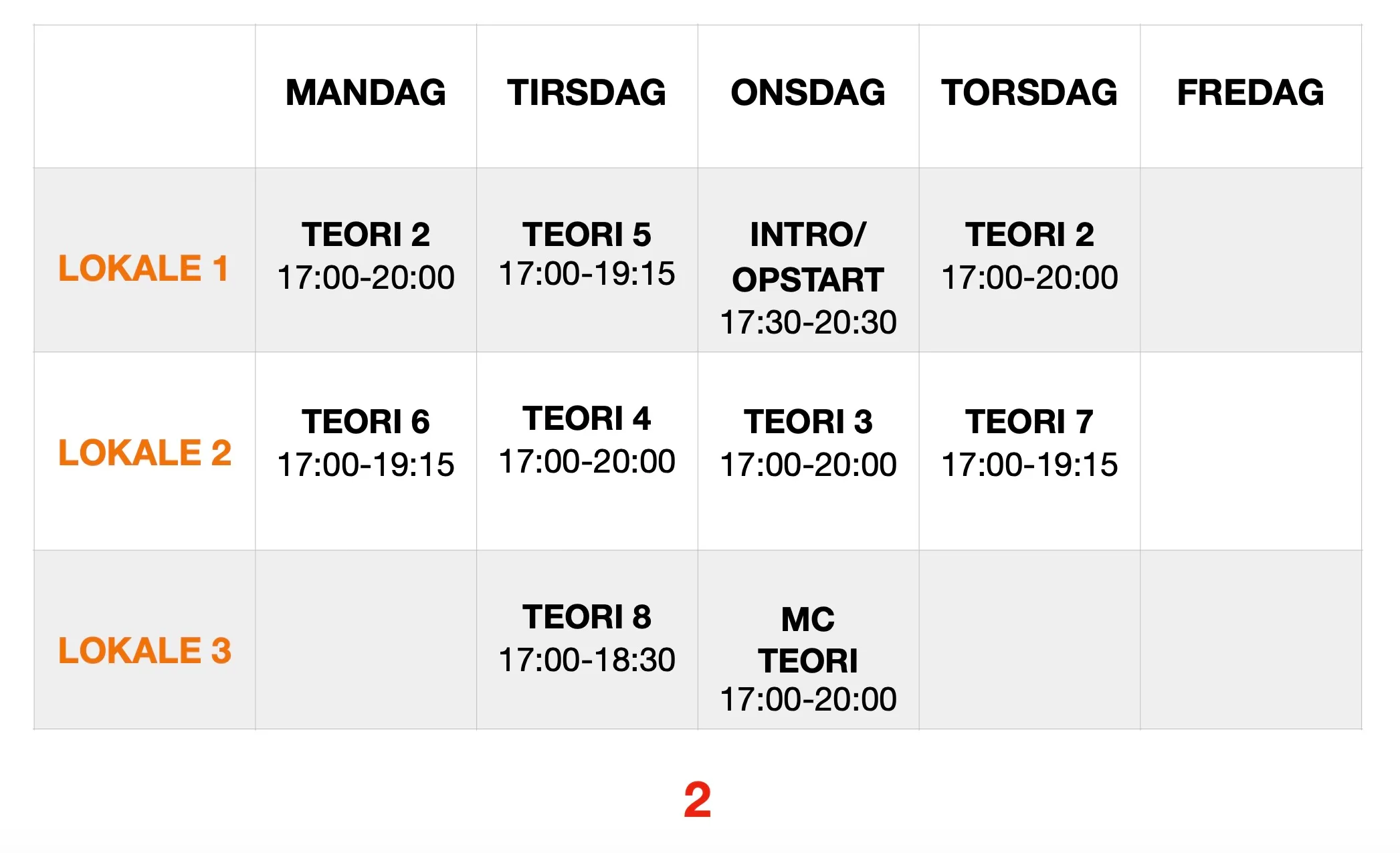 Skema for teori lektioner - Uge 2