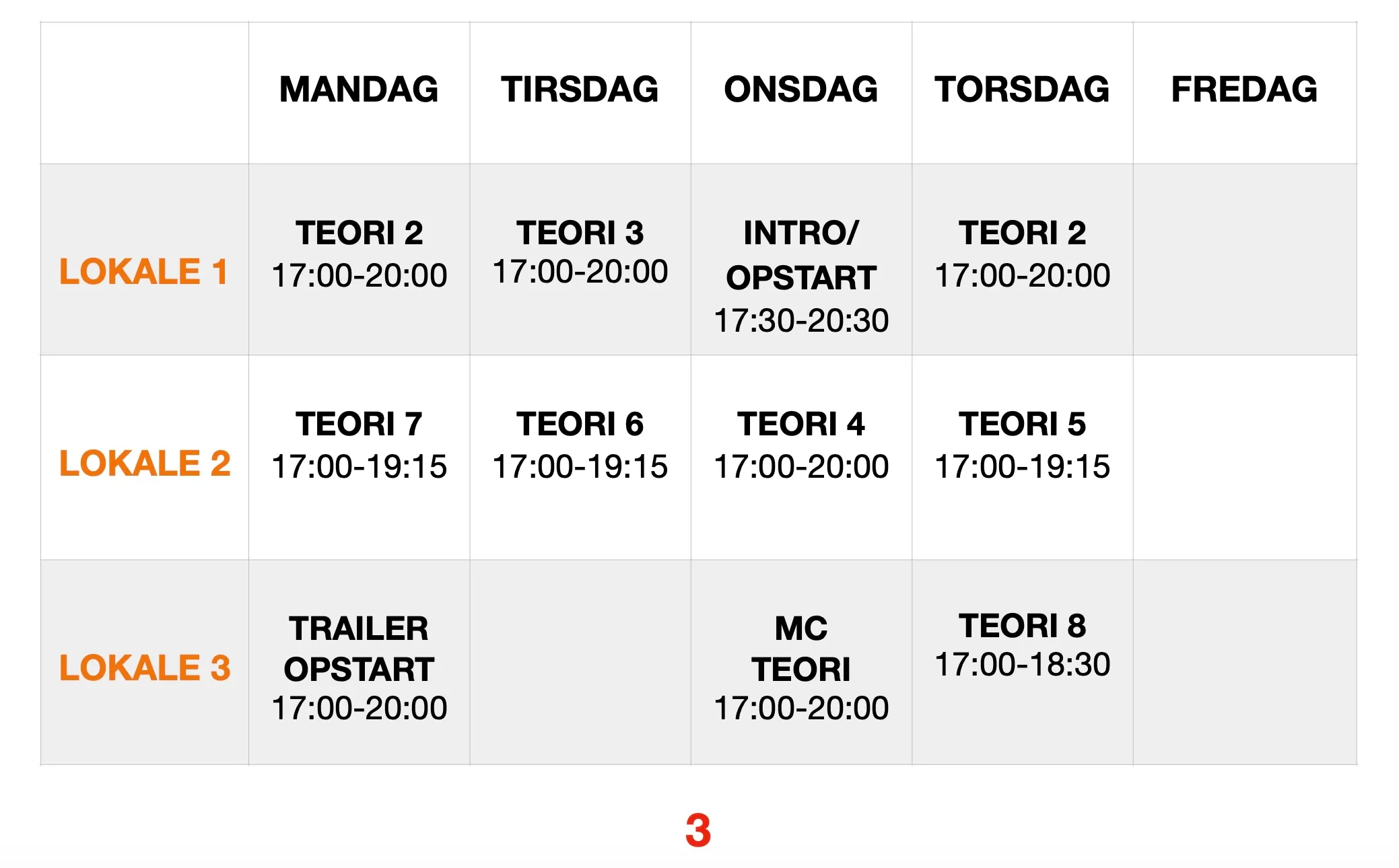 Skema for teori lektioner - Uge 3