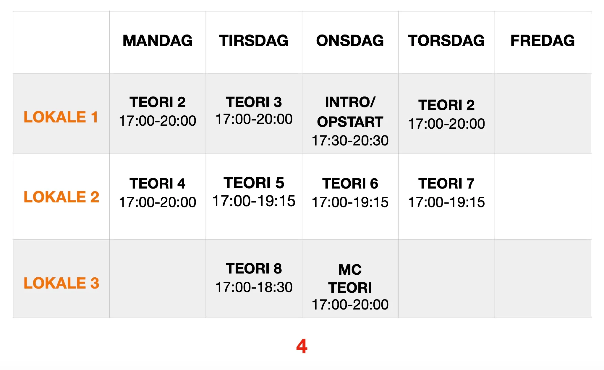 Skema for teori lektioner - Uge 4